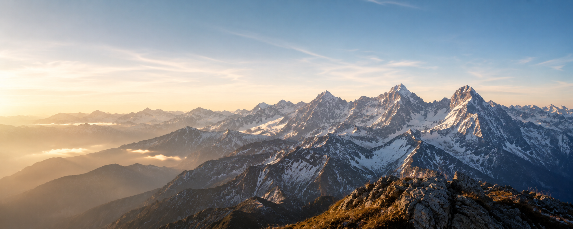 Verschneite Alpengrate im Sonnenaufgang — eine Metapher für RHEMs Arbeit an Leistung unter Druck.